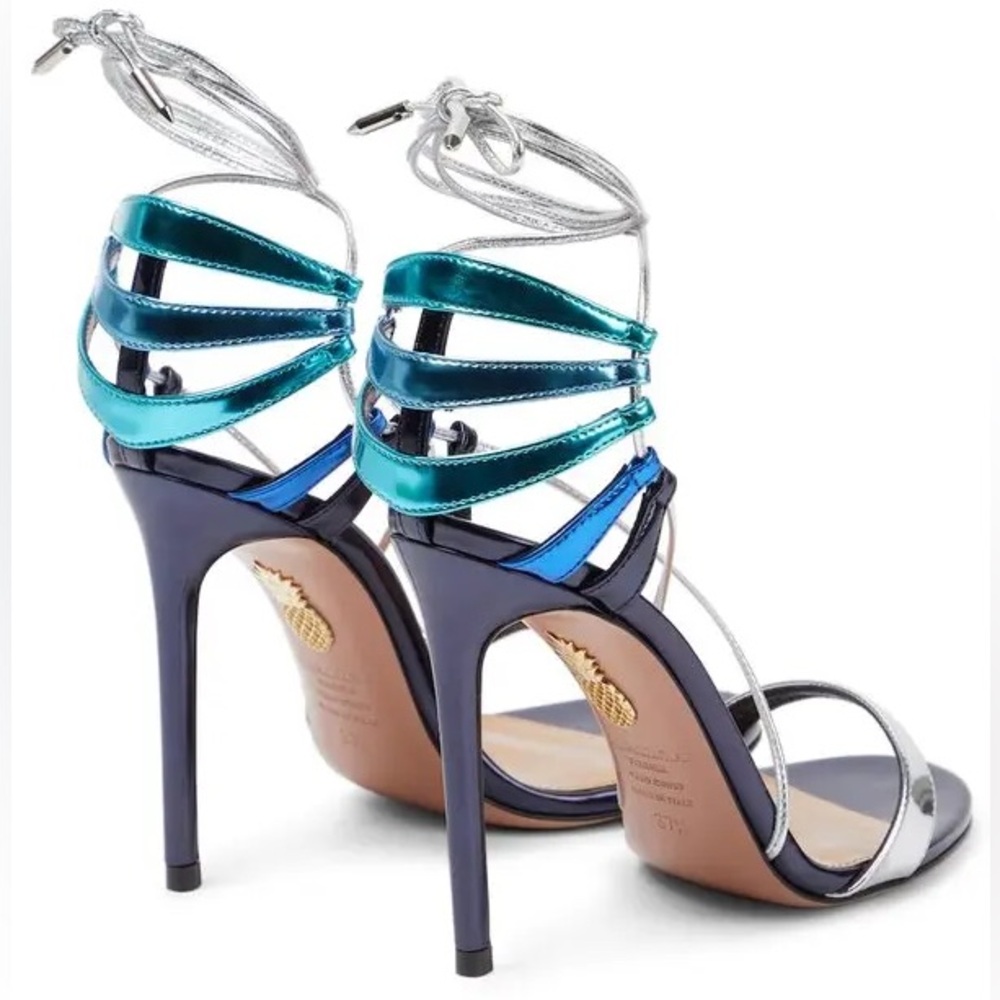 Aquazzura Bellissima 105 Blue & Silver Metallic Lace-Up Sandals Sz 40 | VGUC - Picture 5 of 12